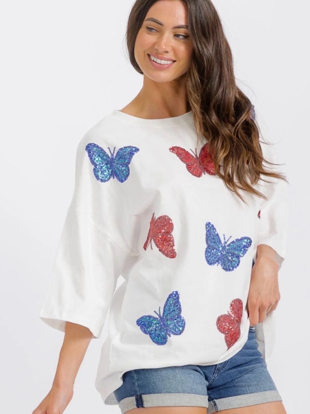 New White Short-Sleeve Tee with Blue & Red Sequin Butterflies